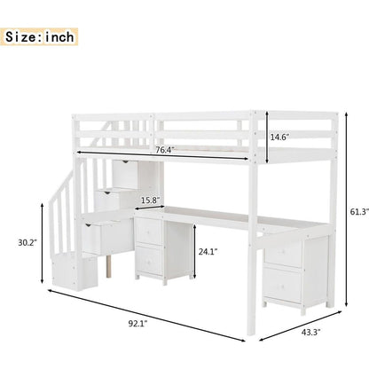 Twin Size Loft Bed Frame with Built-in Desk and Double Storage Drawers,White