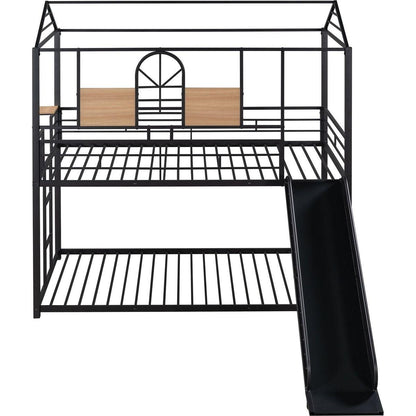 Twin Over Twin Metal Bunk Bed, Metal Housebed With Slide,Three Colors Available.(Black with Black Slide)