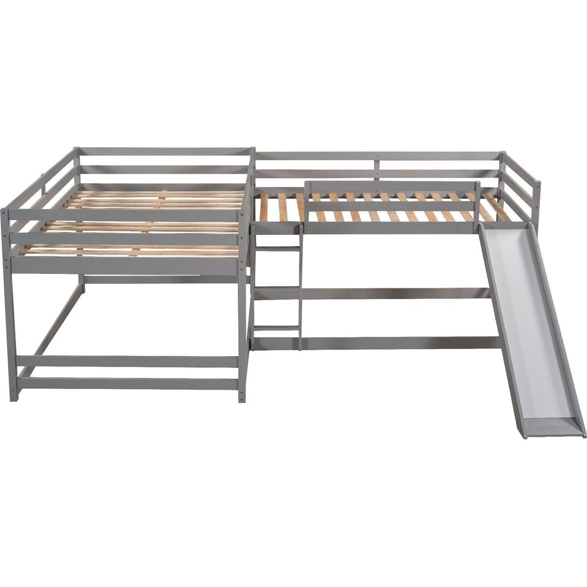 Full and Twin Size L-Shaped Bunk Bed with Slide and Short Ladder,Gray