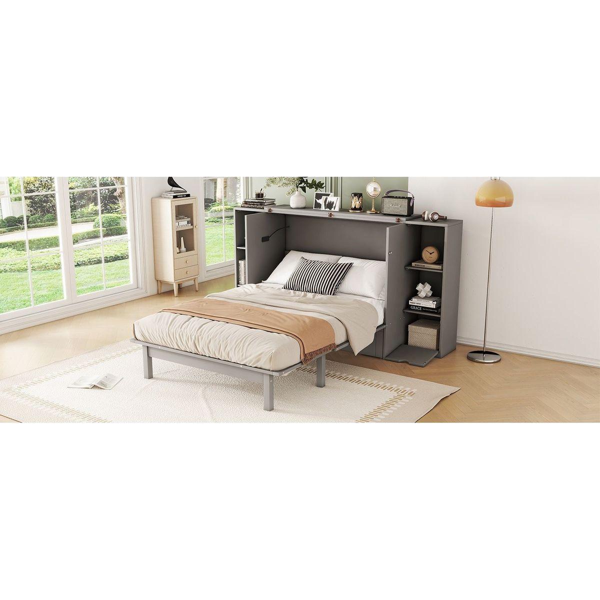Full Size Murphy Bed with Shelves, Drawers and USB Ports,Gray