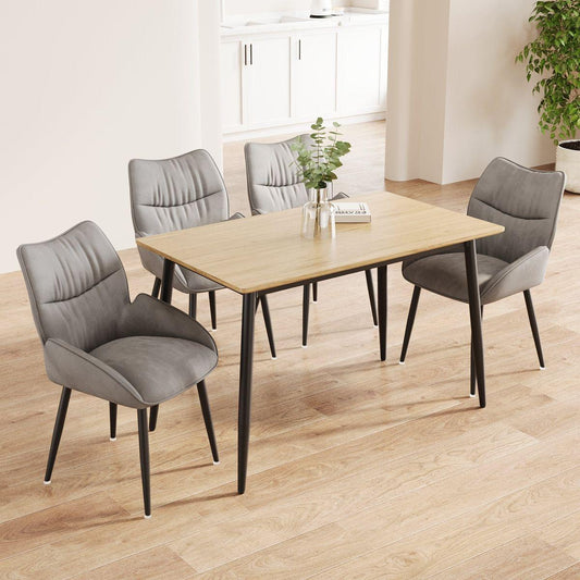 Modern minimalist wood grain tabletop dining table and chair 4-piece set, stylish dining table, kitchen dining table, sturdy and durable, easy to assemble, black metal leg design, suitable for 4-6 peo