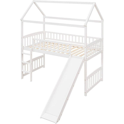 Twin Loft Bed with Slide, House Bed with Slide,White