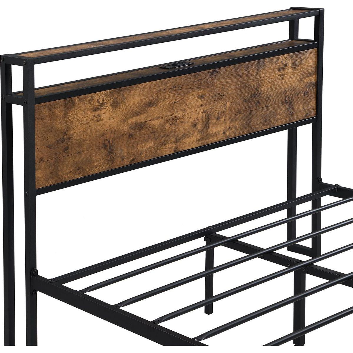 King Size Metal Platform Bed Frame with Wooden Headboard and Footboard with USB LINER, No Box Spring Needed, Large Under Bed Storage, Easy Assemble