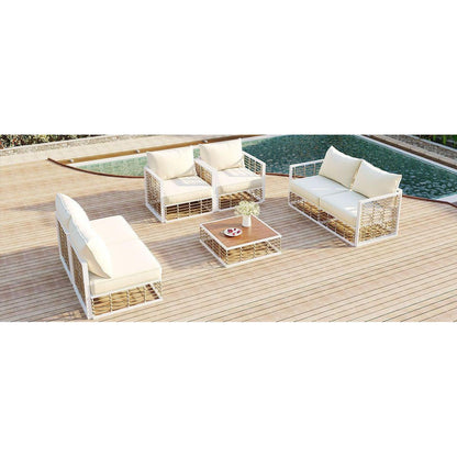 Modern Minimalist 7-Piece Metal Patio Sectional Sofa Set, All-Weather Garden Conversational Furniture Set with Thick Cushions and Coffee Table for Indoor Outdoor, White