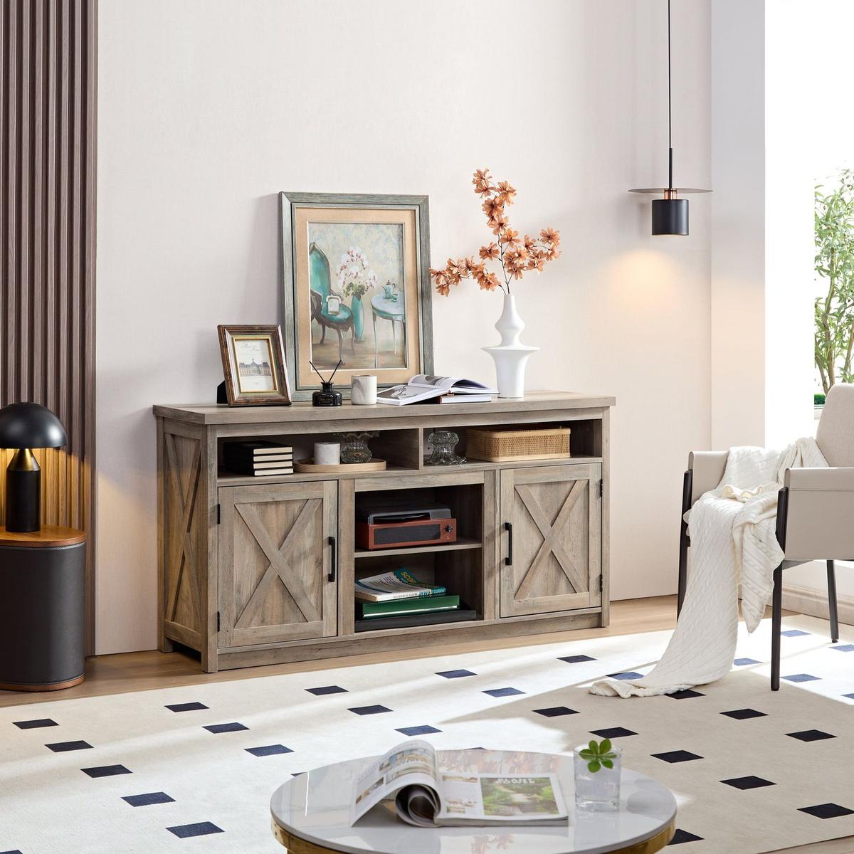 Farmhouse Barn door TV Media Stand Modern Entertainment Console for TV Up to 65" with Open and Closed Storage Space, Gray Wash, L57.87xW15.75xH30.31