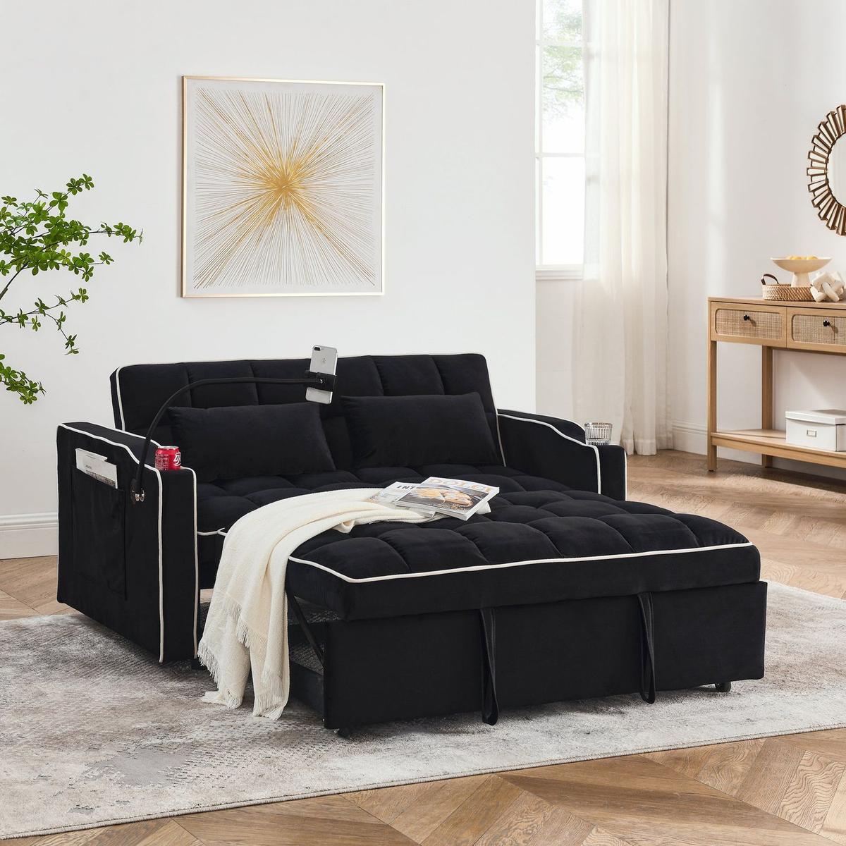 55.51 inch versatile foldable sofa bed in 3 lengths, modern sofa sofa sofa velvet pull-out bed, adjustable back and with USB port and ashtray and swivel phone stand (Black)