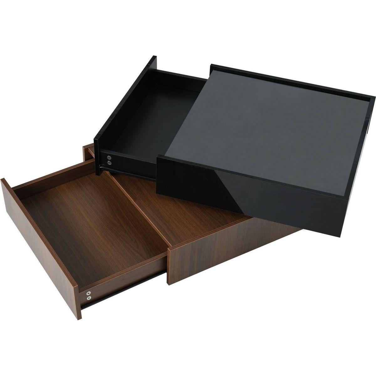 Multi-functional Square 360Rotating Coffee Table with 2 Drawers, High Gloss 2-Tier Center Table with Swivel Tabletop and Storage, Walnut Table Frame Side Table for Living Room, Black