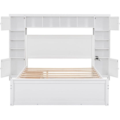 Queen Size Wooden Bed With All-in-One Cabinet, Shelf and Sockets, White