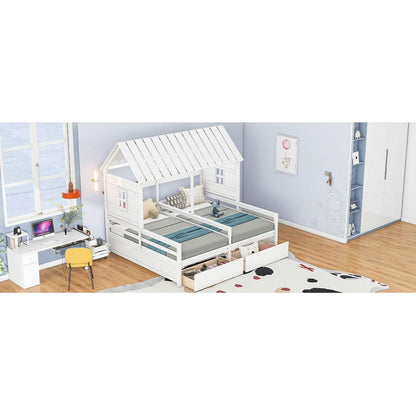 Twin Size House Platform Beds with Two Drawers for Boy and Girl Shared Beds, Combination of 2 Side by Side Twin Size Beds,White