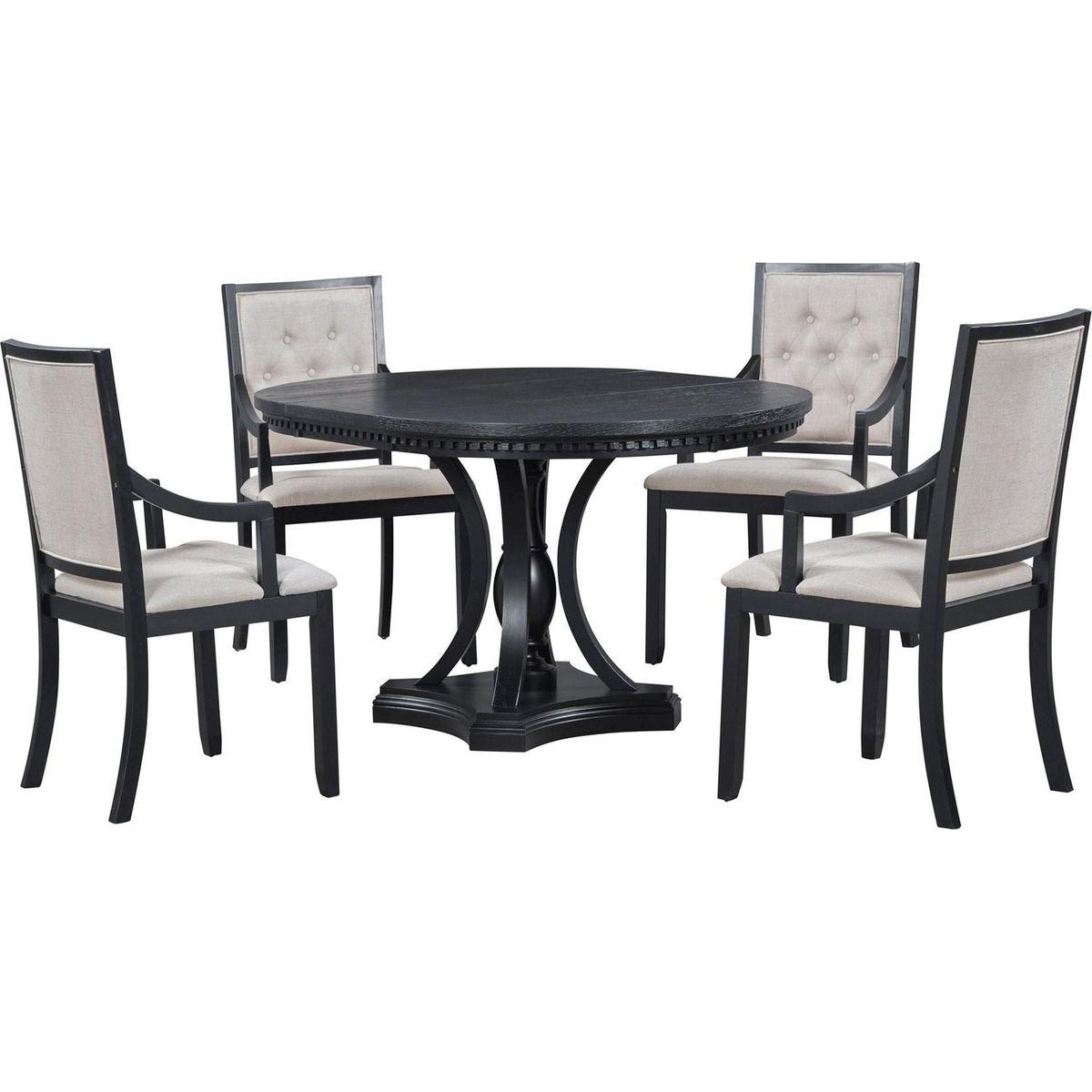 Retro 5-piece Dining Set Extendable Round Table and 4 Chairs for Kitchen Dining Room (BLACK OAK)