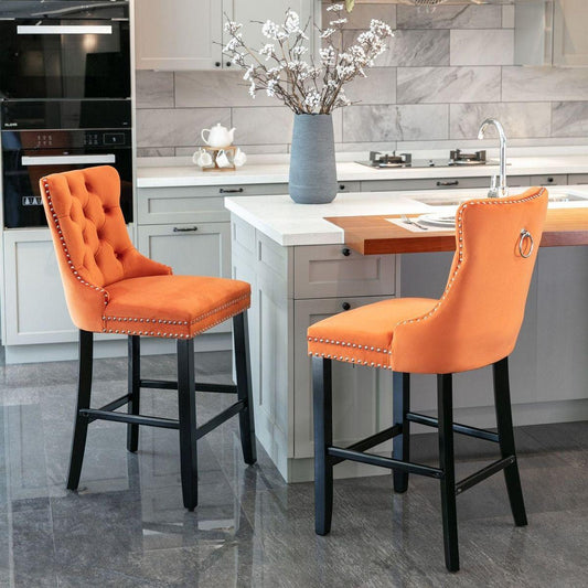 Contemporary Velvet Upholstered Barstools with Button Tufted Decoration and Wooden Legs, and Chrome Nailhead Trim, Leisure Style Bar Chairs,Bar stools, Set of 2 (Orange)