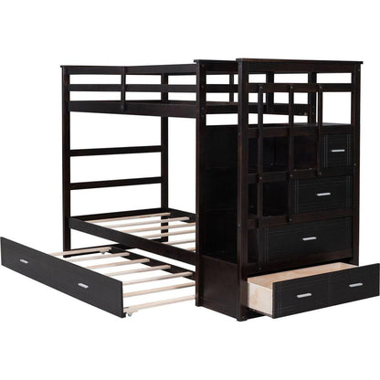Twin Over Twin Bunk Bed with Trundle and Staircase,Espresso