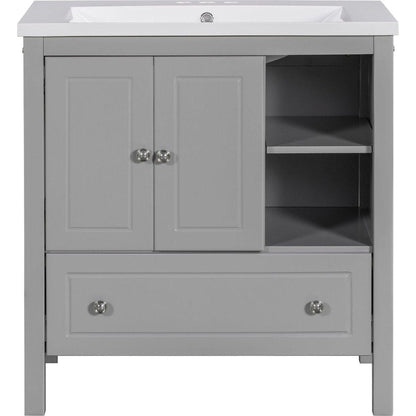 30" Bathroom Vanity with Sink, Bathroom Storage Cabinet with Doors and Drawers, Solid Wood Frame, Ceramic Sink, Grey