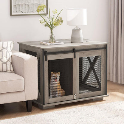 Farmhouse Dog Cage Crate Furniture with Sliding Barn Door, Farmhouse Wooden Dog Kennel End Table with Flip-top Plate Dog House with Detachable Divider for Small/Medium/Large Dog Gray
