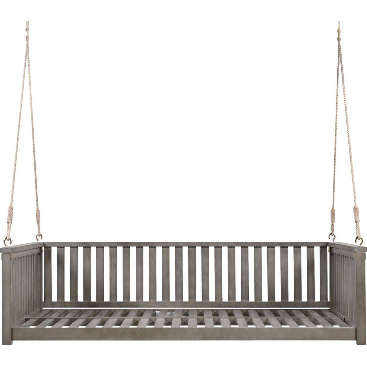 Patio Minimalist Twin Size Garden Swing Bed Wood Porch Swing with Ropes for Backyard, Safe Sloped Design, Gray