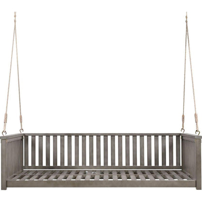 Patio Minimalist Twin Size Garden Swing Bed Wood Porch Swing with Ropes for Backyard, Safe Sloped Design, Gray