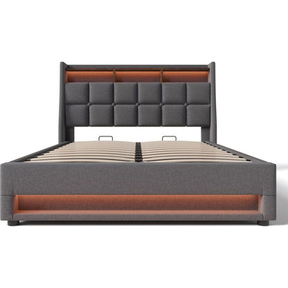 Full size Upholstered Platform bed with a Hydraulic Storage System, LED and USB Charging, Grey (without mattress)