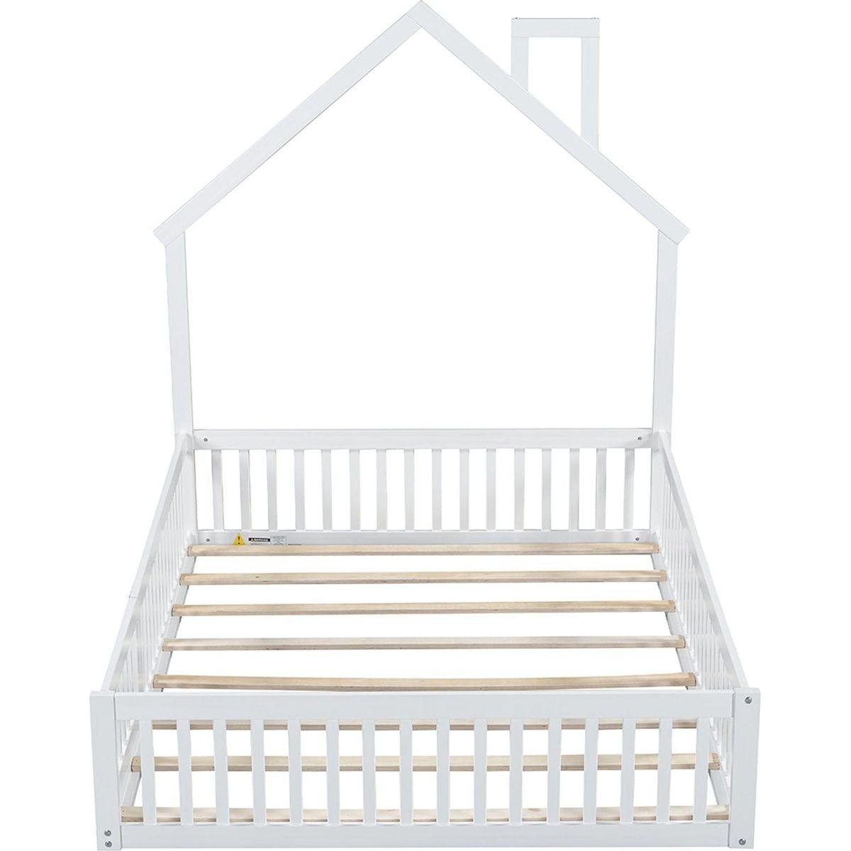 Wood Full Size House Platform Bed with Guardrail, White