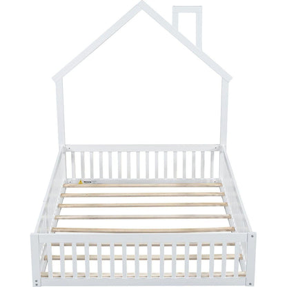 Wood Full Size House Platform Bed with Guardrail, White