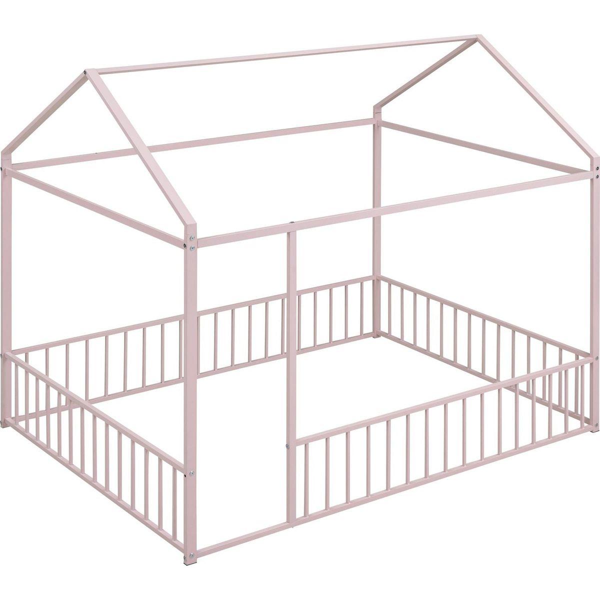 Full Size Metal Bed House Bed Frame with Fence, for Kids, Teens, Girls, Boys,Pink