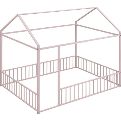 Full Size Metal Bed House Bed Frame with Fence, for Kids, Teens, Girls, Boys,Pink