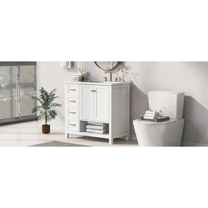 36" Bathroom Vanity with Sink Top, Bathroom Vanity Cabinet with Two Doors and Two Drawers, Solid Wood, Open shelf, MDF Boards, One Package, White