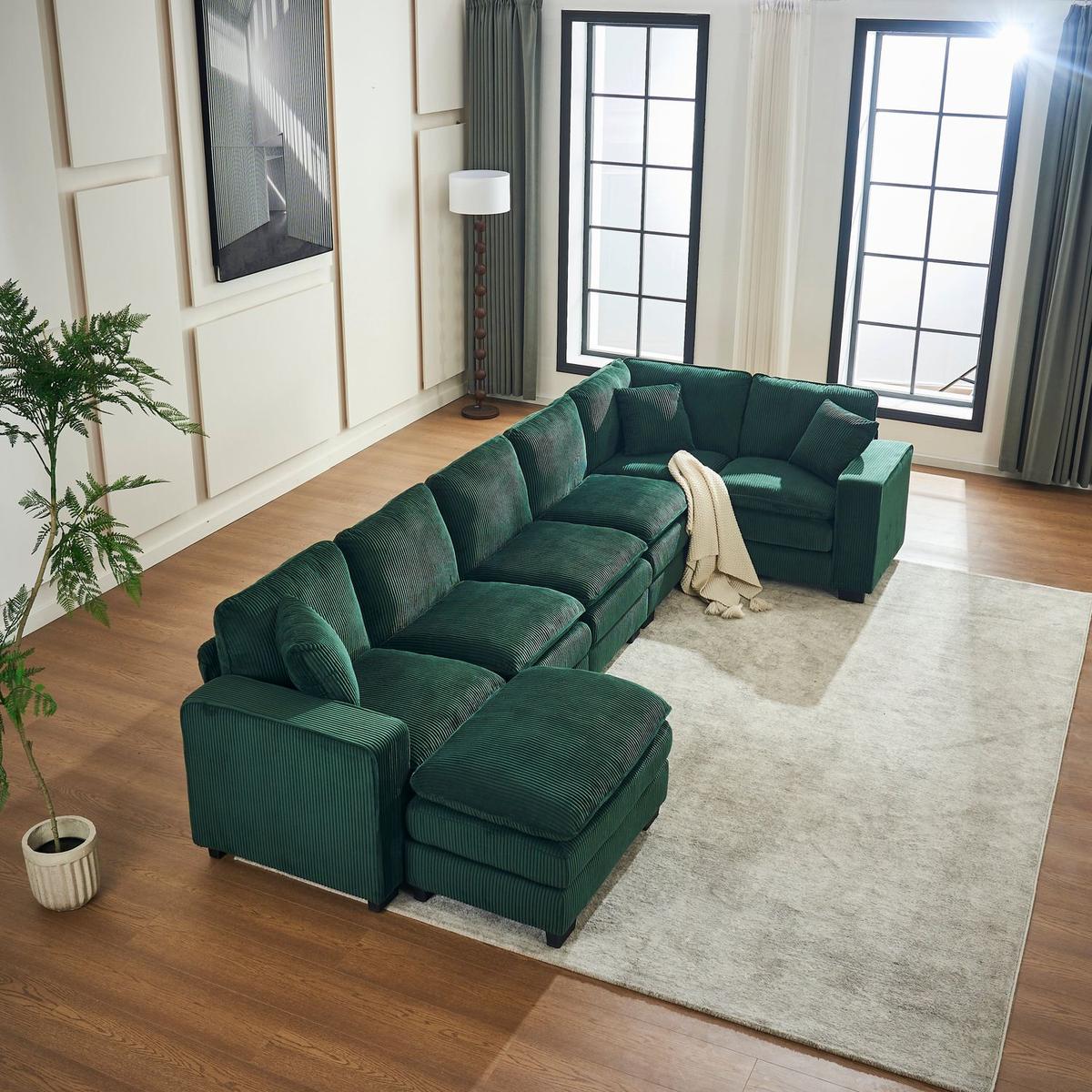 Modern U Shaped 6-seat Sectional Sofa Couch with one Ottoman and three toss pillows, Modular Sofa for Living Room,Corduroy sofa