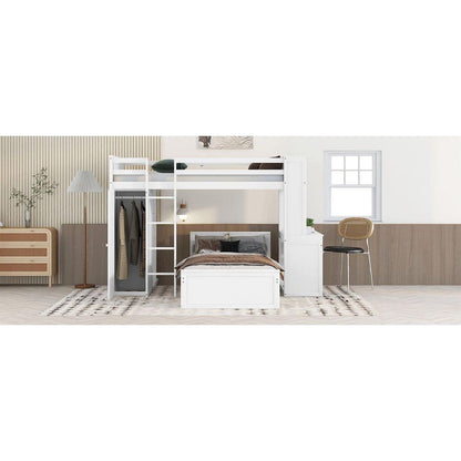 Twin size Loft Bed with a Stand-alone bed, Shelves,Desk,and Wardrobe-White