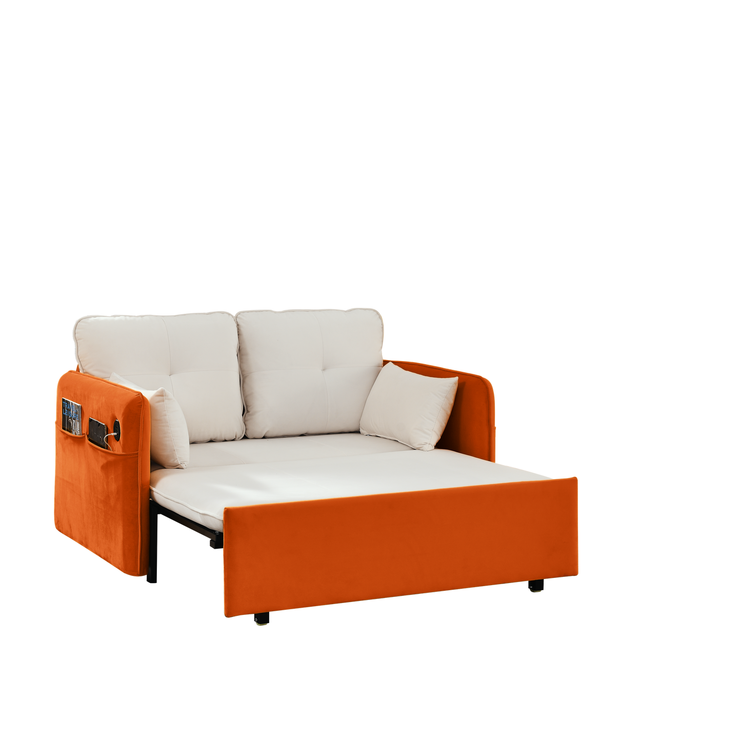 53" Modern Convertible Sofa Bed w/2 Removable Armrests w/USB Power Port, Velvet Recliner Adjustable Sofa w/Head Pull-Out Bed, 2 Pillows, For Living Room Apartment etc., White-Orange