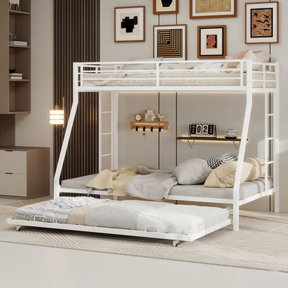 High - Stability Square Tube Bunk Bed, Featuring Ladder & Rolling Trundle, Modern Minimalist Look, Strong Load - Bearing for Home, Dormitory & Guest Room Needs-Full Size - 137cm x 190cm-White