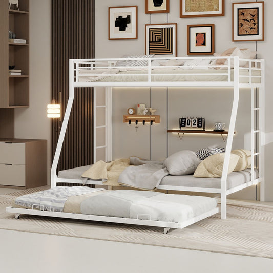High - Stability Square Tube Bunk Bed, Featuring Ladder & Rolling Trundle, Modern Minimalist Look, Strong Load - Bearing for Home, Dormitory & Guest Room Needs-Full Size - 137cm x 190cm-White