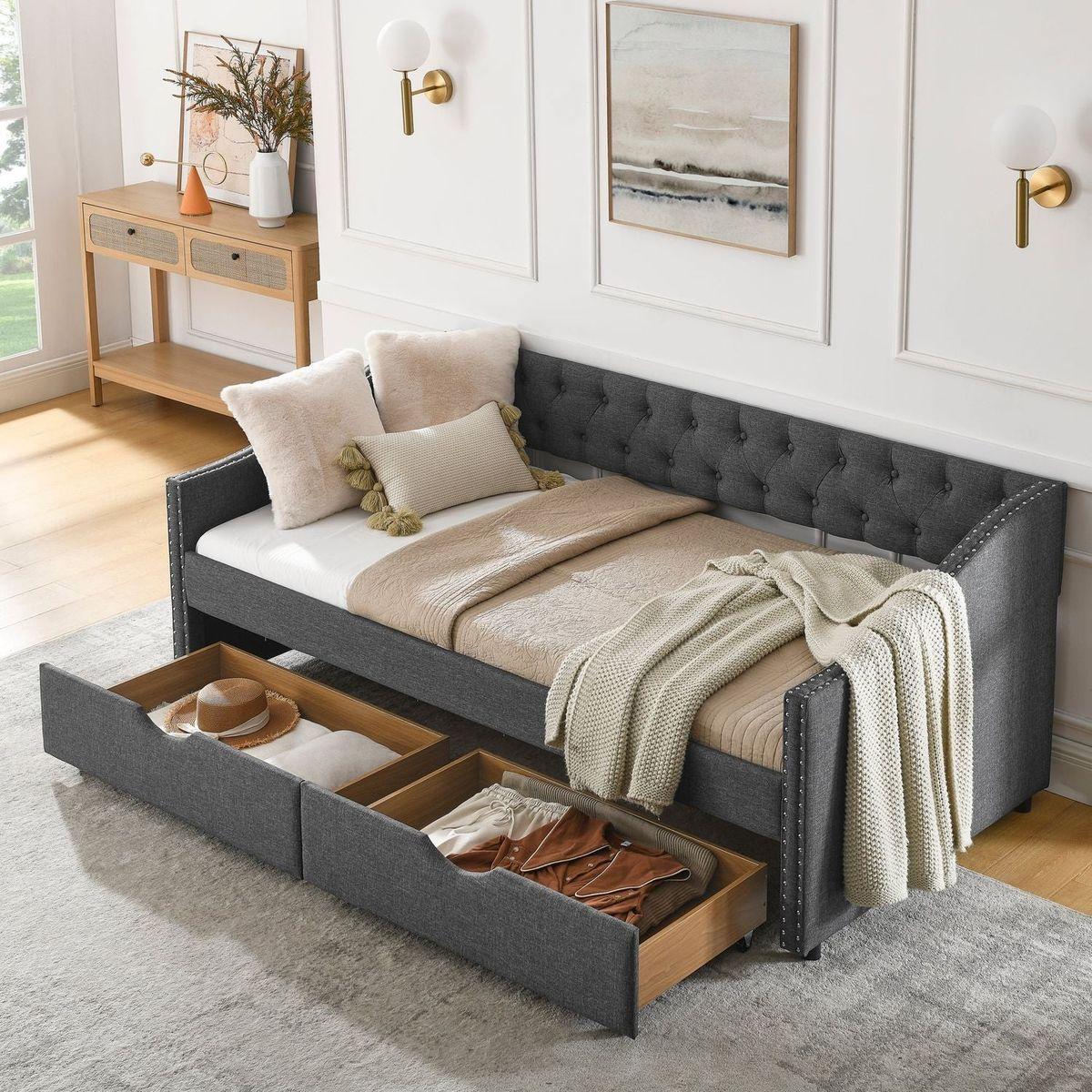 Twin Size Daybed with Drawers Upholstered Tufted Sofa Bed, with Button on Back and Copper Nail on Waved Shape Arms(81.5"x4"x30.5")