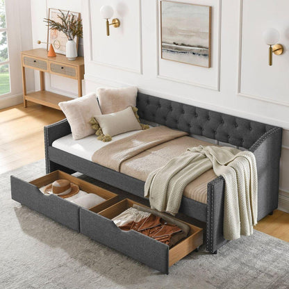 Twin Size Daybed with Drawers Upholstered Tufted Sofa Bed, with Button on Back and Copper Nail on Waved Shape Arms(81.5"x4"x30.5")