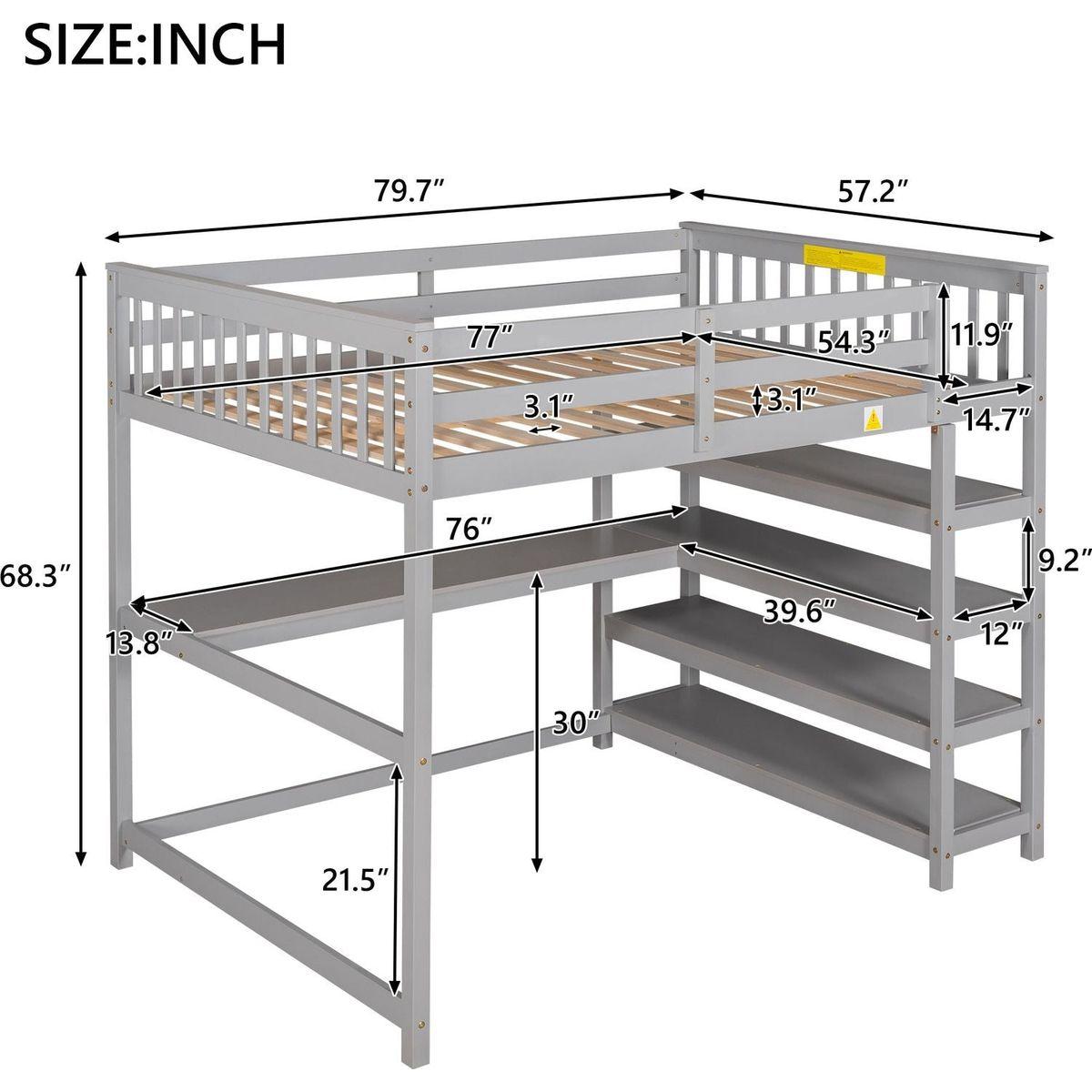 Full Size Loft Bed with Storage Shelves and Under-bed Desk, Gray