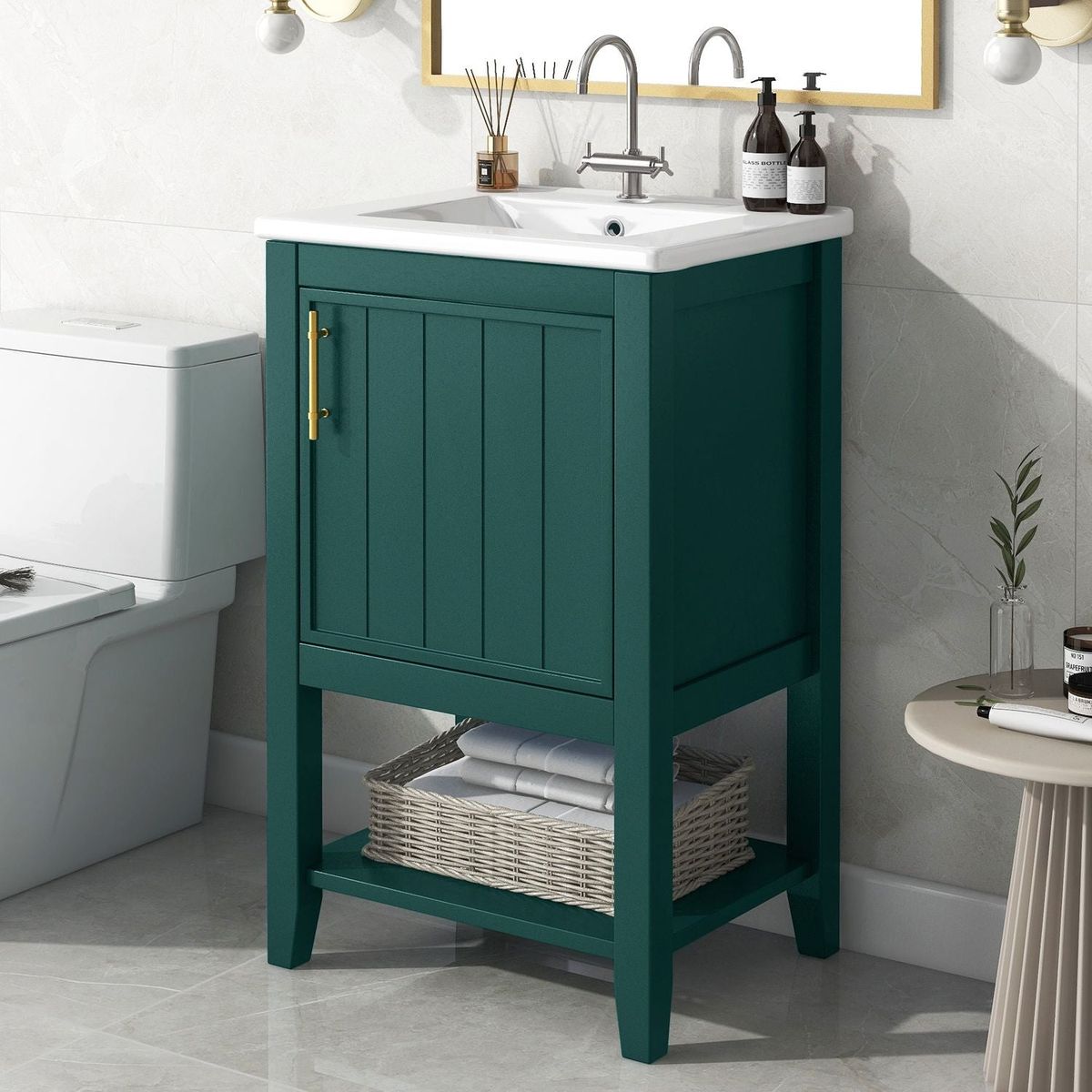 20" Bathroom Vanity with Sink, Bathroom Cabinet with Soft Closing Door, Storage Rack and Open Shelf, Green