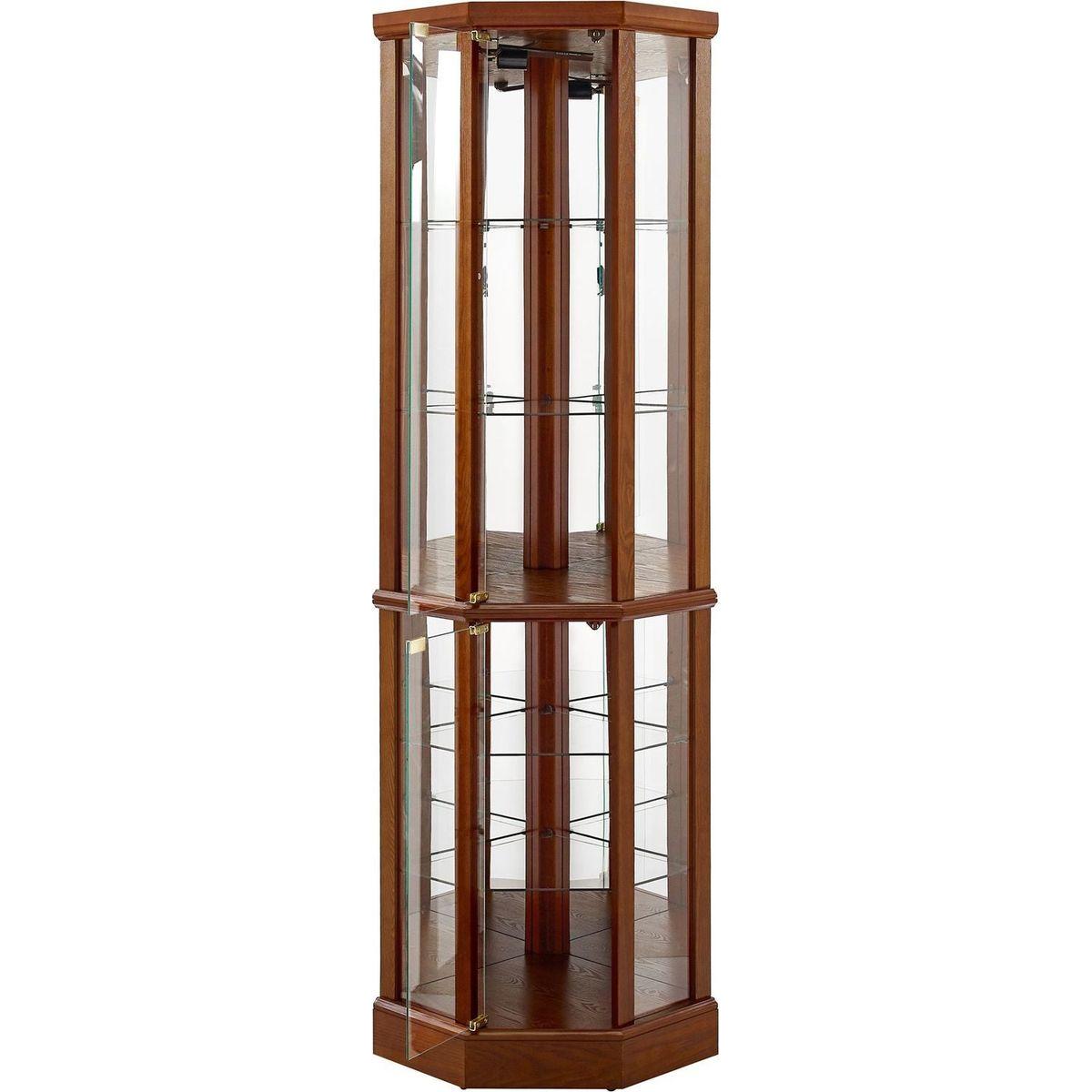 6 Shelf Lighted Corner Curio Cabinet with Adjustable Tempered Glass Shelves and Mirror Back, Walnut