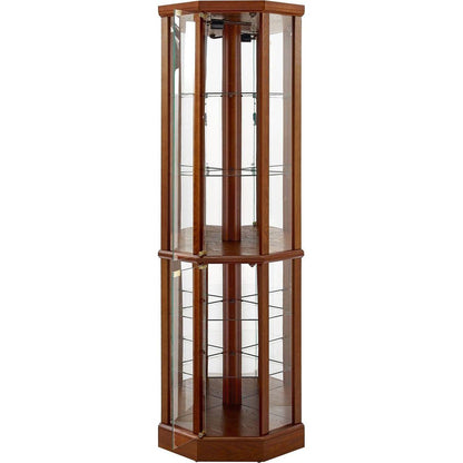 6 Shelf Lighted Corner Curio Cabinet with Adjustable Tempered Glass Shelves and Mirror Back, Walnut