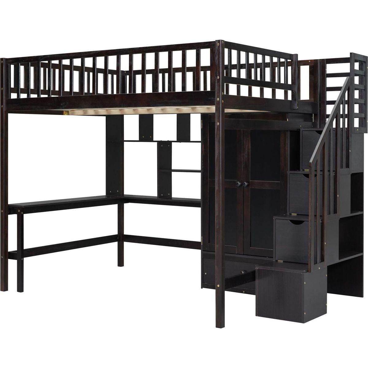 Full size Loft Bed with Bookshelf,Drawers,Desk,and Wardrobe-Espresso