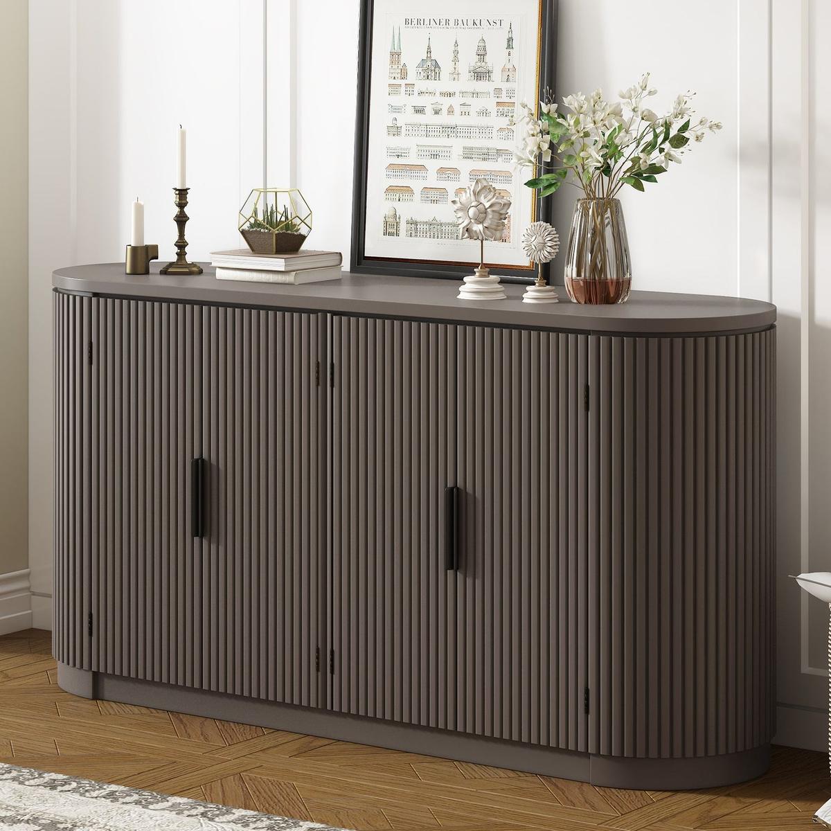 Vertical Striped Door Storage Cabinet with Metal Handles, Adjustable, Suitable for Study, Entryway and Living Room