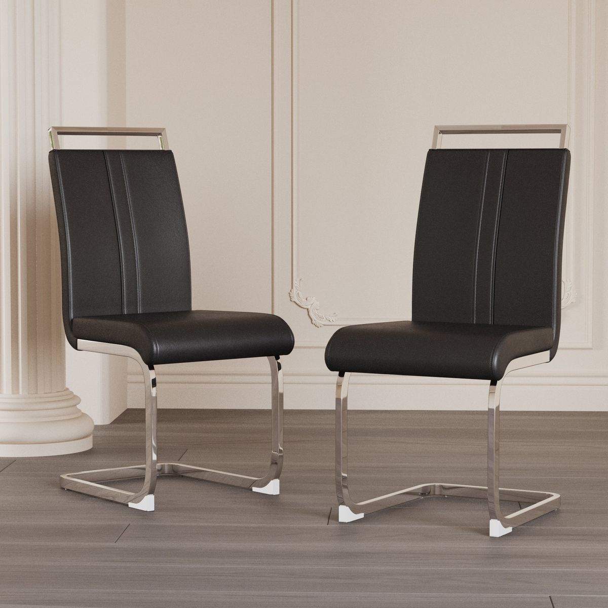 Modern Dining Chairs,PU Faux Leather High Back Upholstered Side Chair with C-shaped Tube plating Metal Legs for Dining Room Kitchen Vanity Patio Club Guest Office Chair (Set of 2) (Black+PU Leather) - Streamdale Furniture