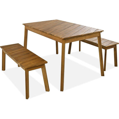GO 3 Pieces Acacia Wood Table Bench Dining Set For Outdoor & Indoor Furniture With 2 Benches, Picnic Beer Table for Patio, Porch, Garden, Poolside, Natural