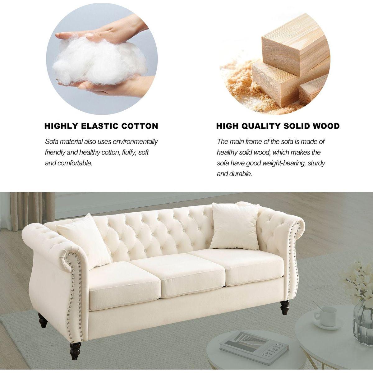 80" Chesterfield Sofa Beige Velvet for Living Room, 3 Seater Sofa Tufted Couch with Rolled Arms and Nailhead for Living Room, Bedroom, Office, Apartment, two pillows
