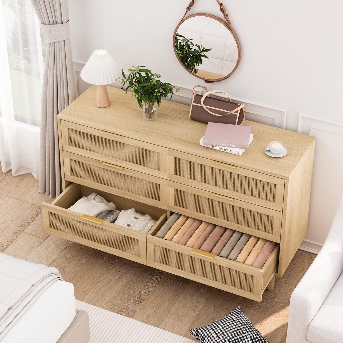 51.18"6-Drawers Rattan Storage Cabinet Rattan Drawer with White Drawer Slides,for Bedroom,Living Room,Natural