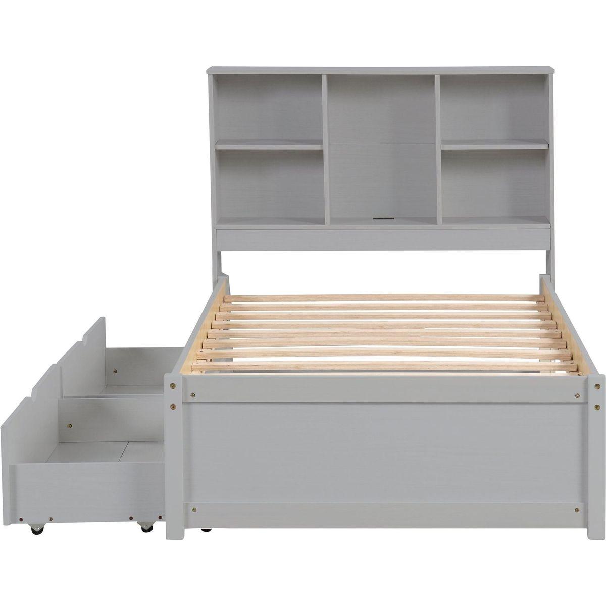 Modern Twin Size Bed Frame With Built-in USB Port on Bookcase Headboard and 2 Drawers for Grey Color