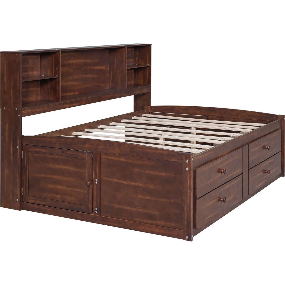 Full Size Wooden Captain Bed with Built-in Storage Shelves, 4 Drawers and 2 Cabinets, Antique Brown