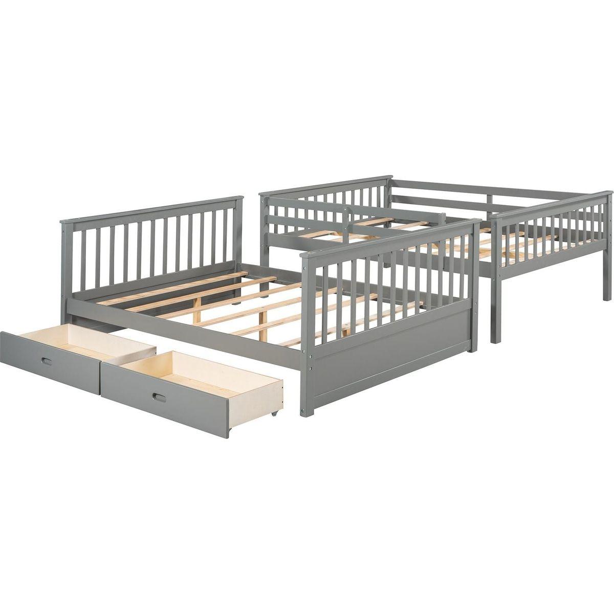 Full-Over-Full Bunk Bed with Ladders and Two Storage Drawers (Gray)