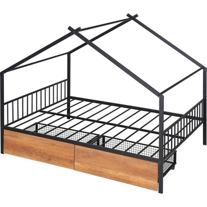 Full Size Metal House Bed with Two Drawers, Black