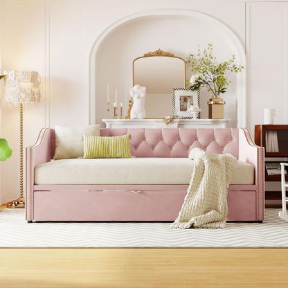 Twin Size Upholstered daybed with Pop Up Trundle, Pink