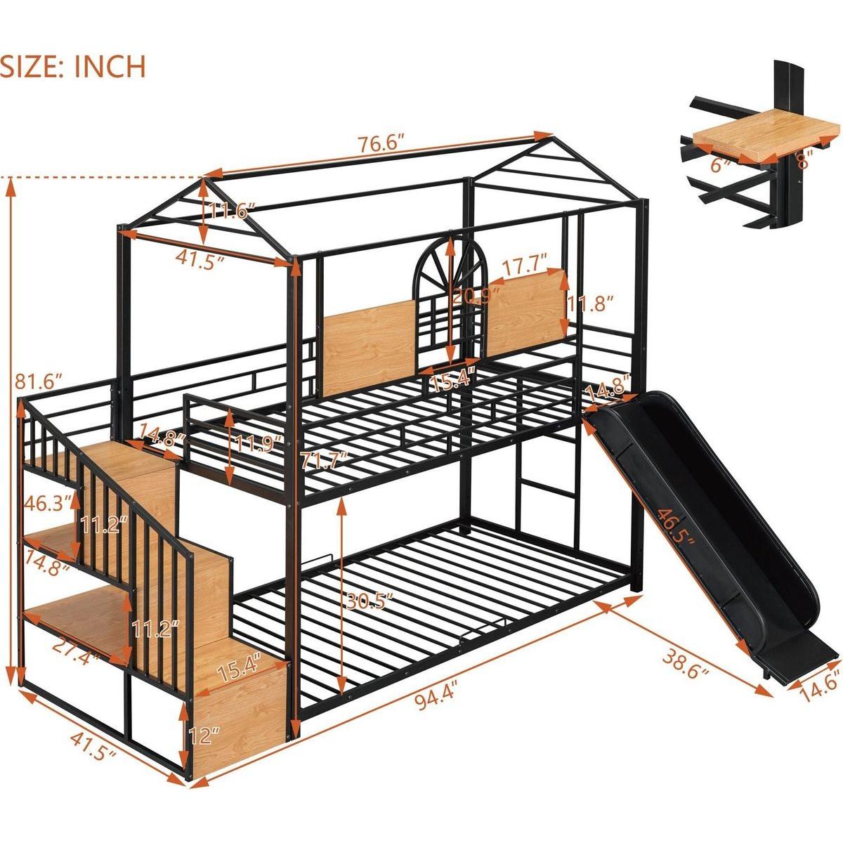 Twin Over Twin Metal Bunk Bed, Metal Housebed with Slide and Storage Stair, Black with Black Slide