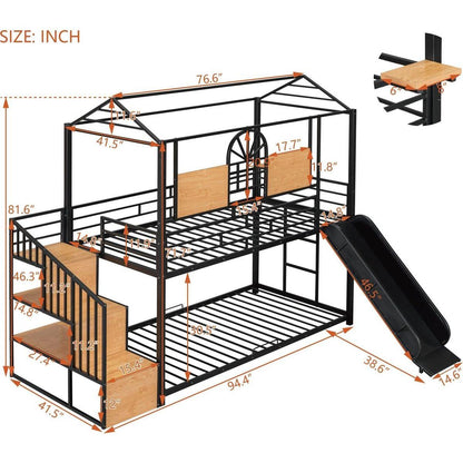 Twin Over Twin Metal Bunk Bed, Metal Housebed with Slide and Storage Stair, Black with Black Slide